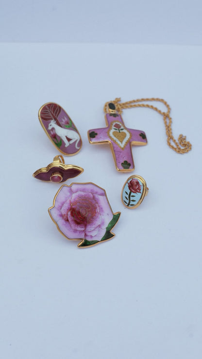 Pink Floral Heart Cross Necklace
