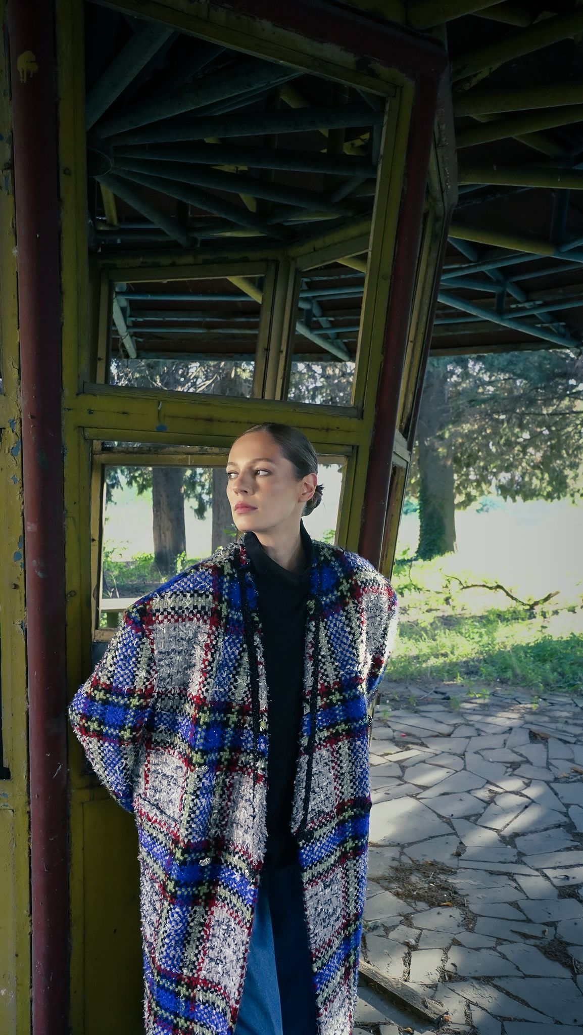 Long Checkered Cardigan