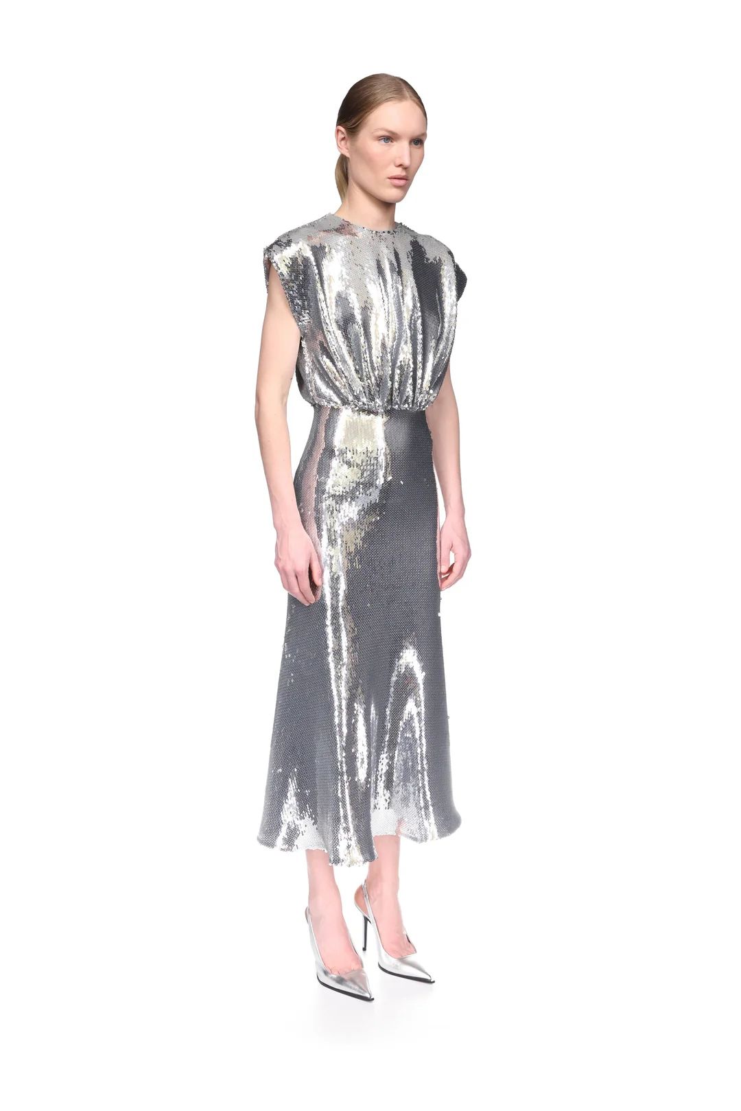 SLEEVELESS BLOUSON SEQUIN MIDI DRESS