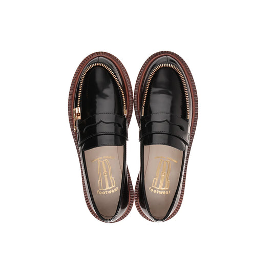 Black Shiny Leather Moccasins with gold zipper