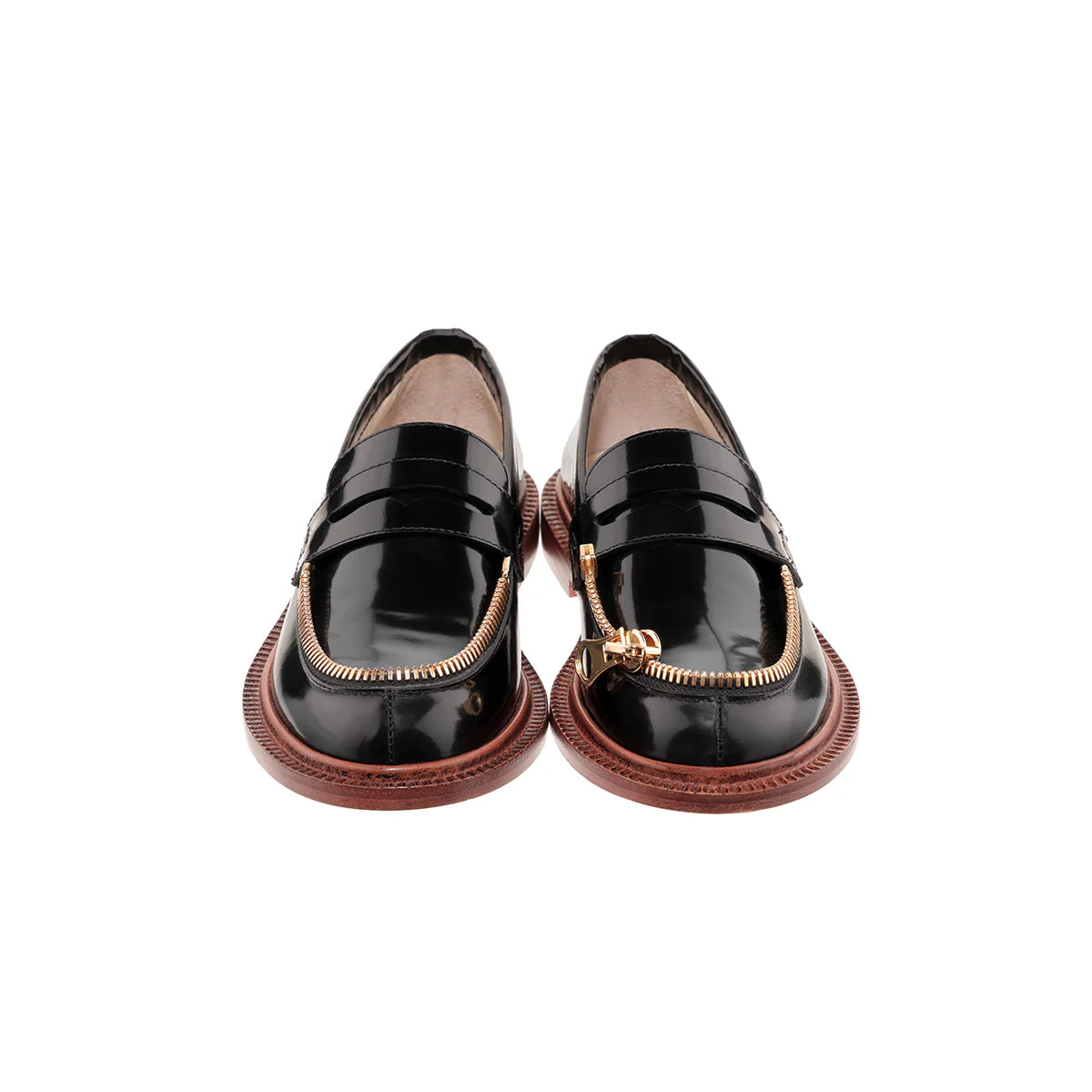 Black Shiny Leather Moccasins with gold zipper