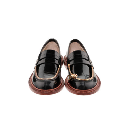 Black Shiny Leather Moccasins with gold zipper