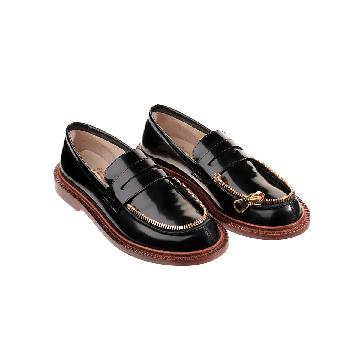 Shiny Leather Moccasins with Brown Shoesole And Gold Zipper