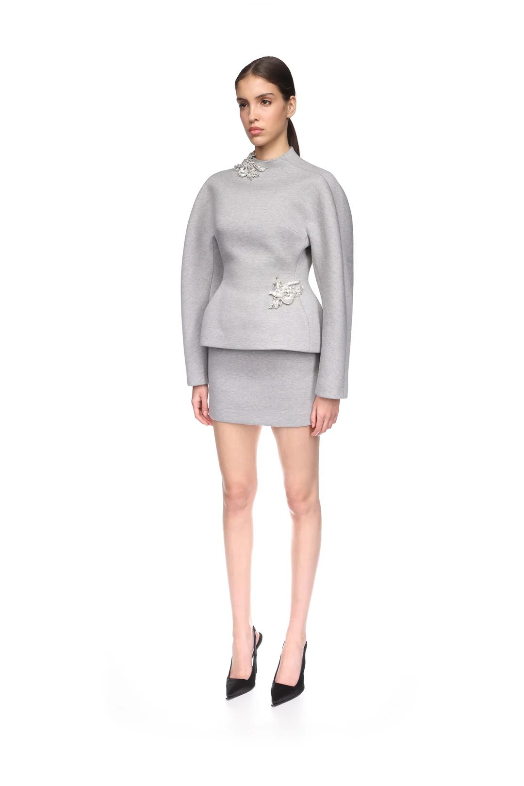 CRYSTAL BROOCH EMBROIDERY DETAIL PEPLUM TOP