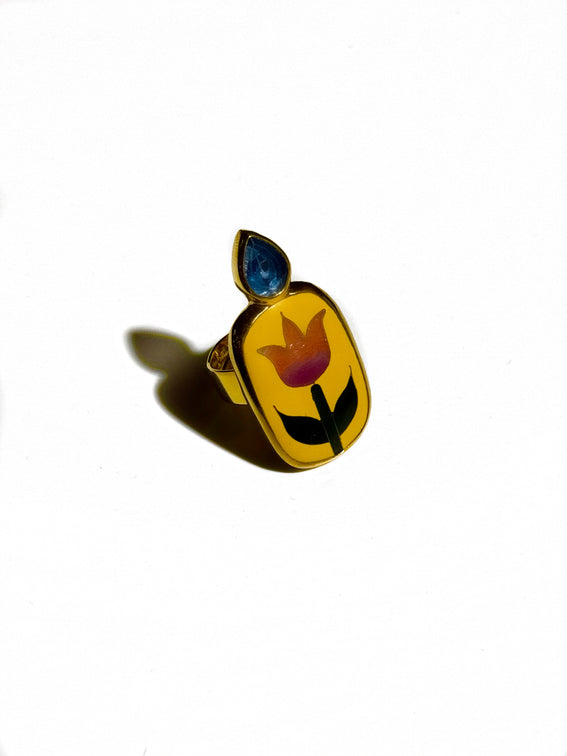 Yellow Ring With Flower And Blue Stone