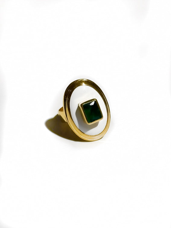 White Oval Ring W/ Green Stone