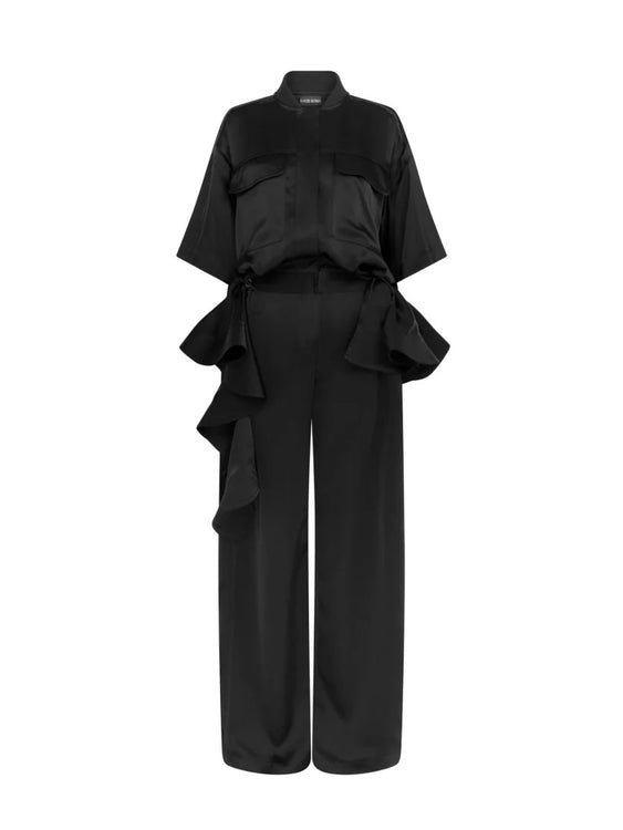 BLACK SATIN SHIRT JUMPSUIT