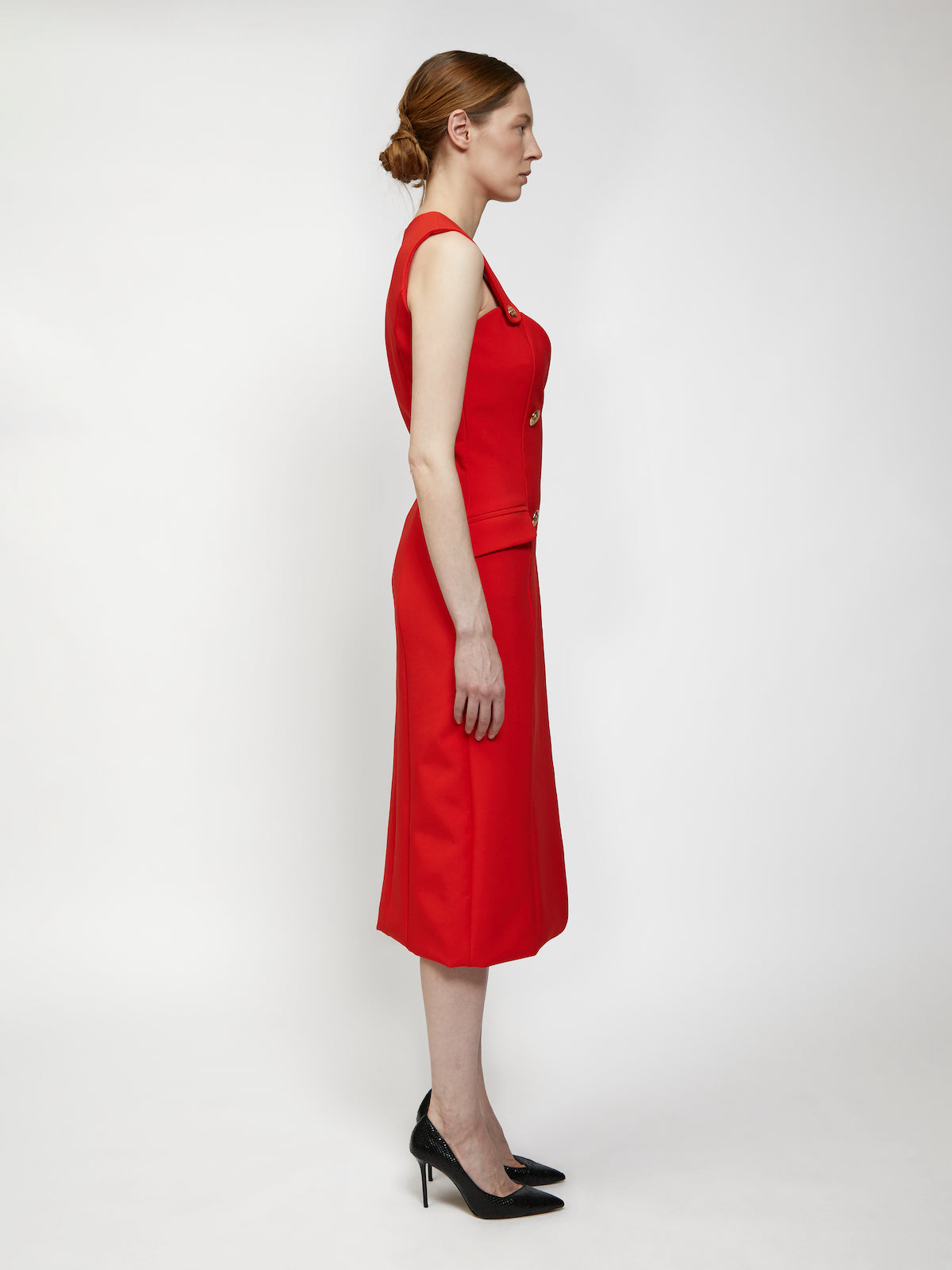 Red dress with golden buttons