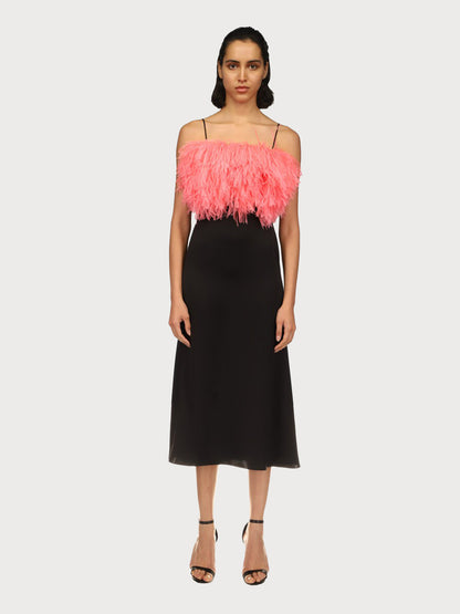 Satin Dress with Pink Feathers